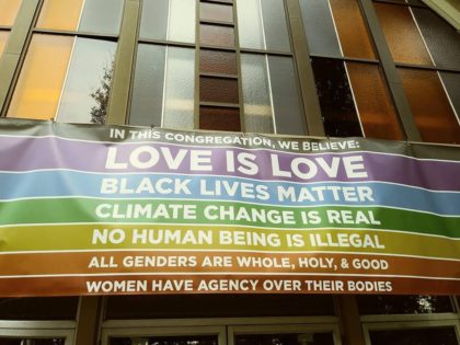 Love is love banner on front of UUCTC